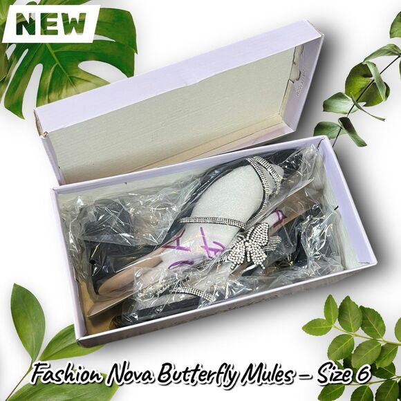 New in Box Fashion Nova Kenley Butterfly Rhinestone Mules – Black | Size 6 - Picture 5 of 7